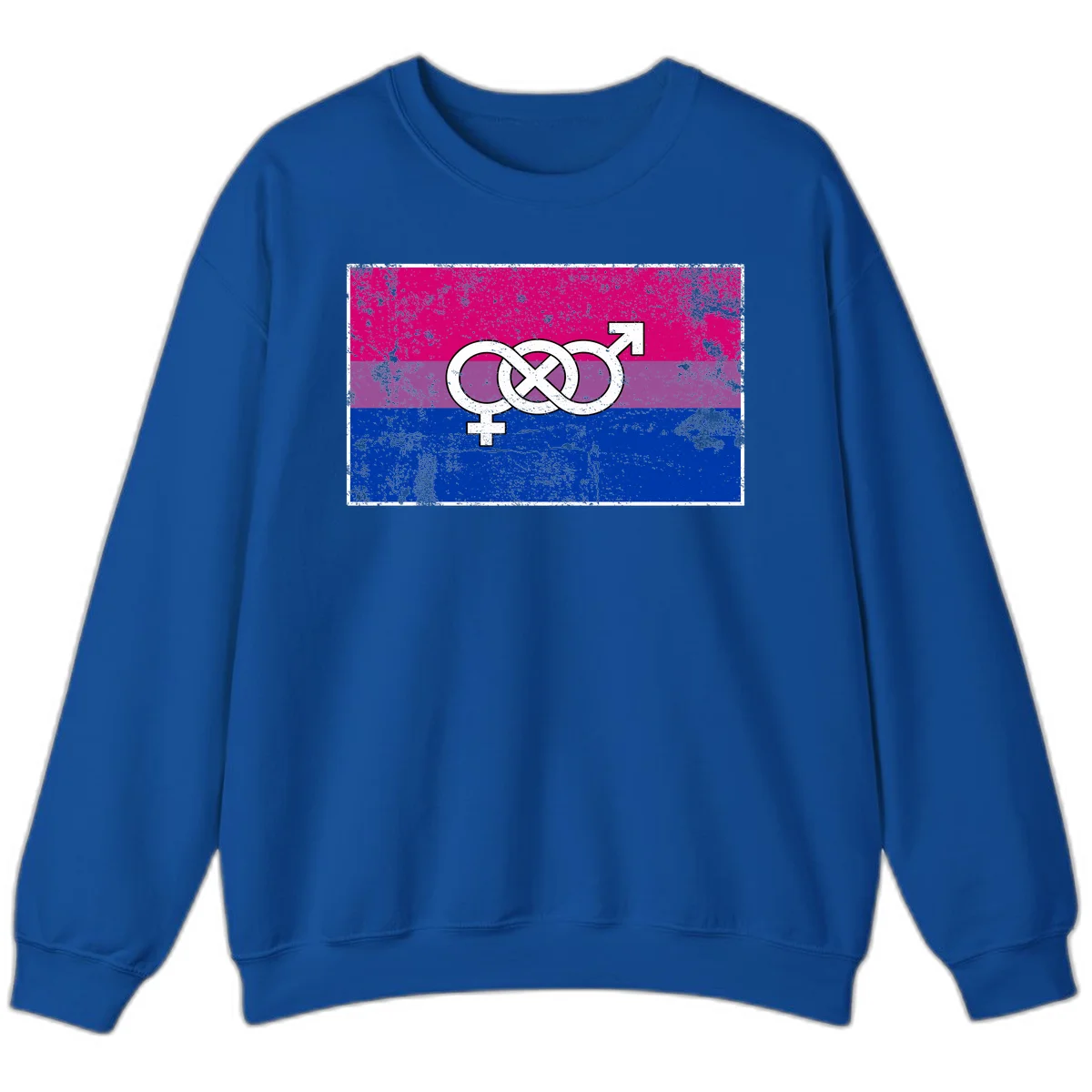 Bisexual infinity pride flag design with magenta, purple, and blue stripes, white infinity symbol, and gender symbols in distressed style in Royal