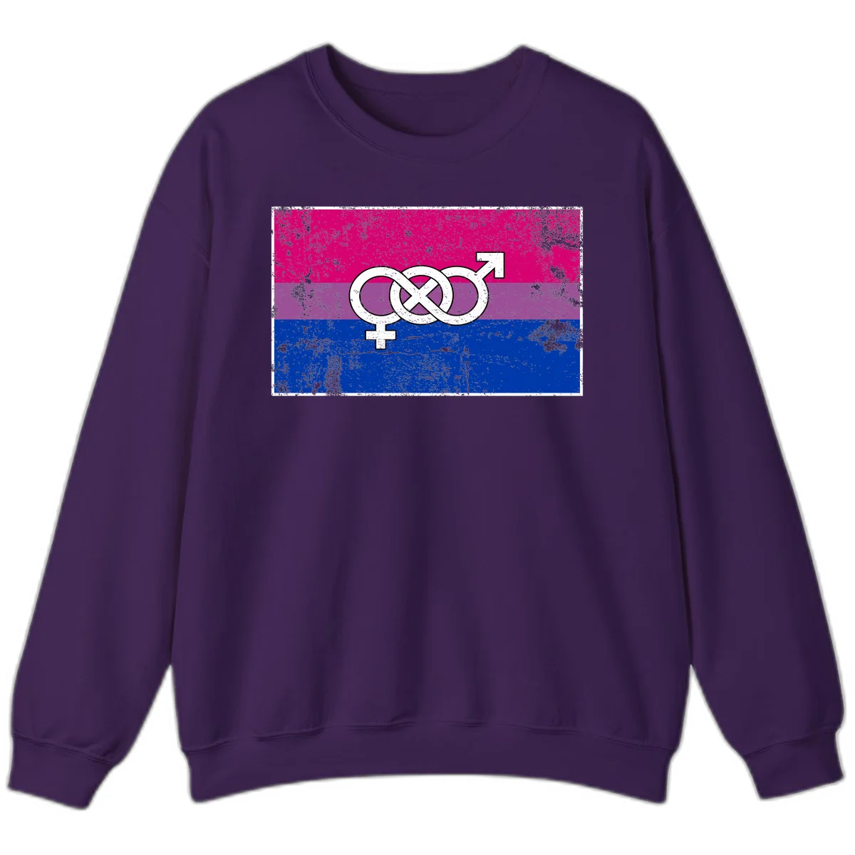 Bisexual infinity pride flag design with magenta, purple, and blue stripes, white infinity symbol, and gender symbols in distressed style in Purple