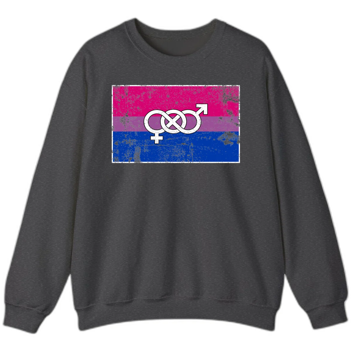 Bisexual infinity pride flag design with magenta, purple, and blue stripes, white infinity symbol, and gender symbols in distressed style in Dark Heather