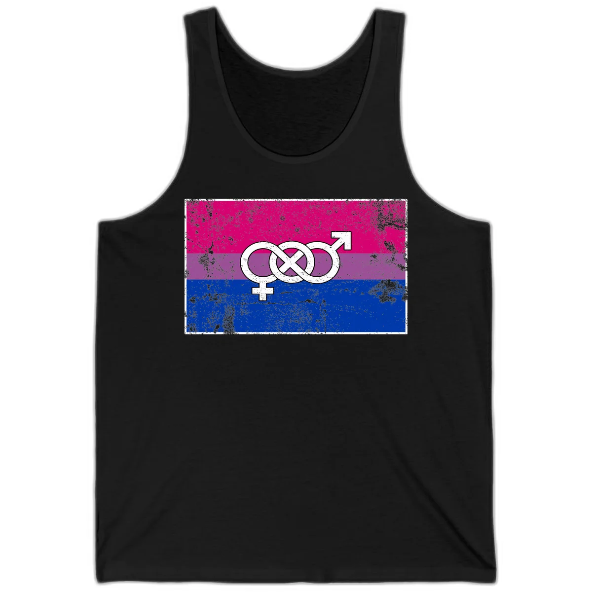 Bisexual infinity pride flag design with magenta, purple, and blue stripes, white infinity symbol, and gender symbols in distressed style in Black