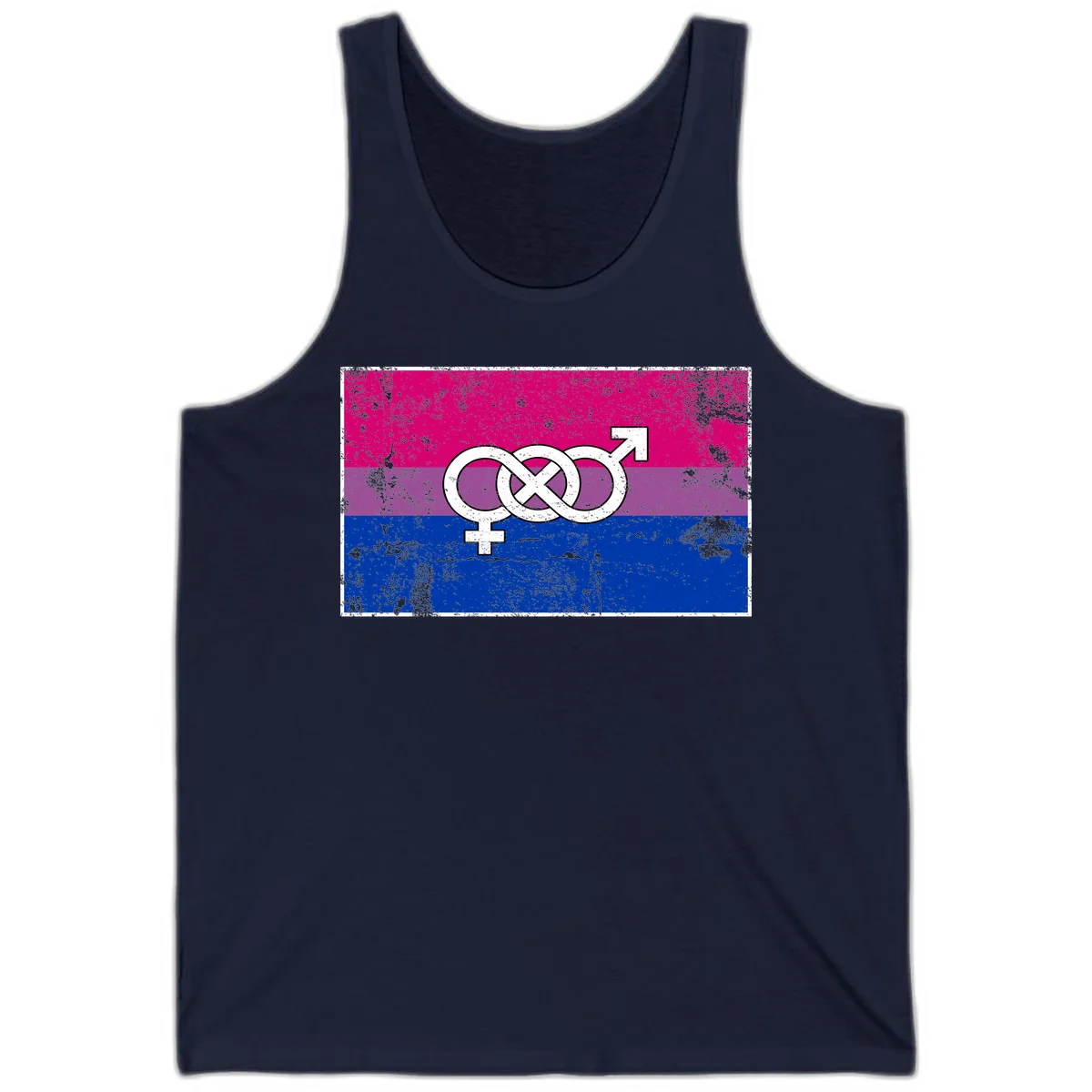 Bisexual infinity pride flag design with magenta, purple, and blue stripes, white infinity symbol, and gender symbols in distressed style in Navy