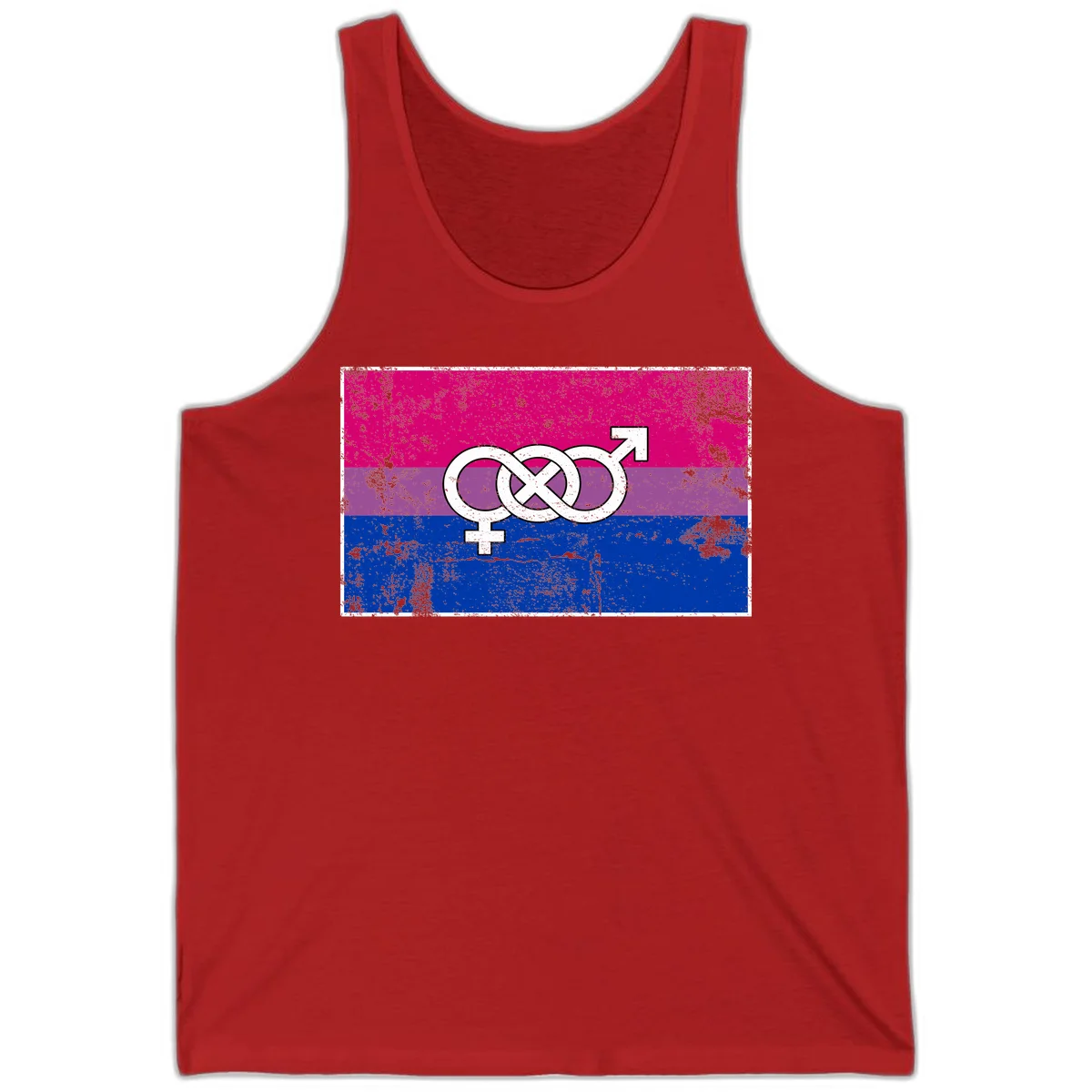 Bisexual infinity pride flag design with magenta, purple, and blue stripes, white infinity symbol, and gender symbols in distressed style in Red