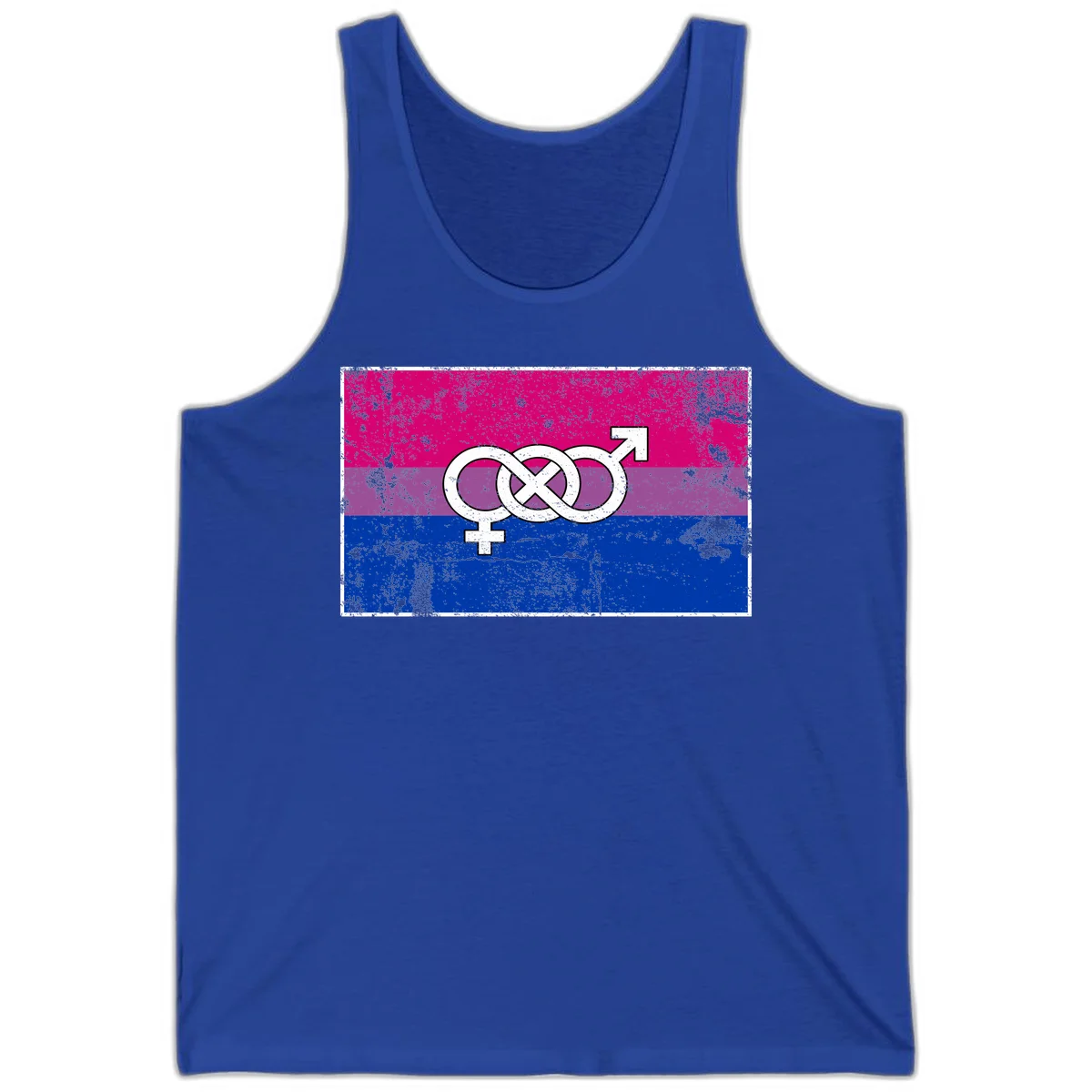 Bisexual infinity pride flag design with magenta, purple, and blue stripes, white infinity symbol, and gender symbols in distressed style in True Royal