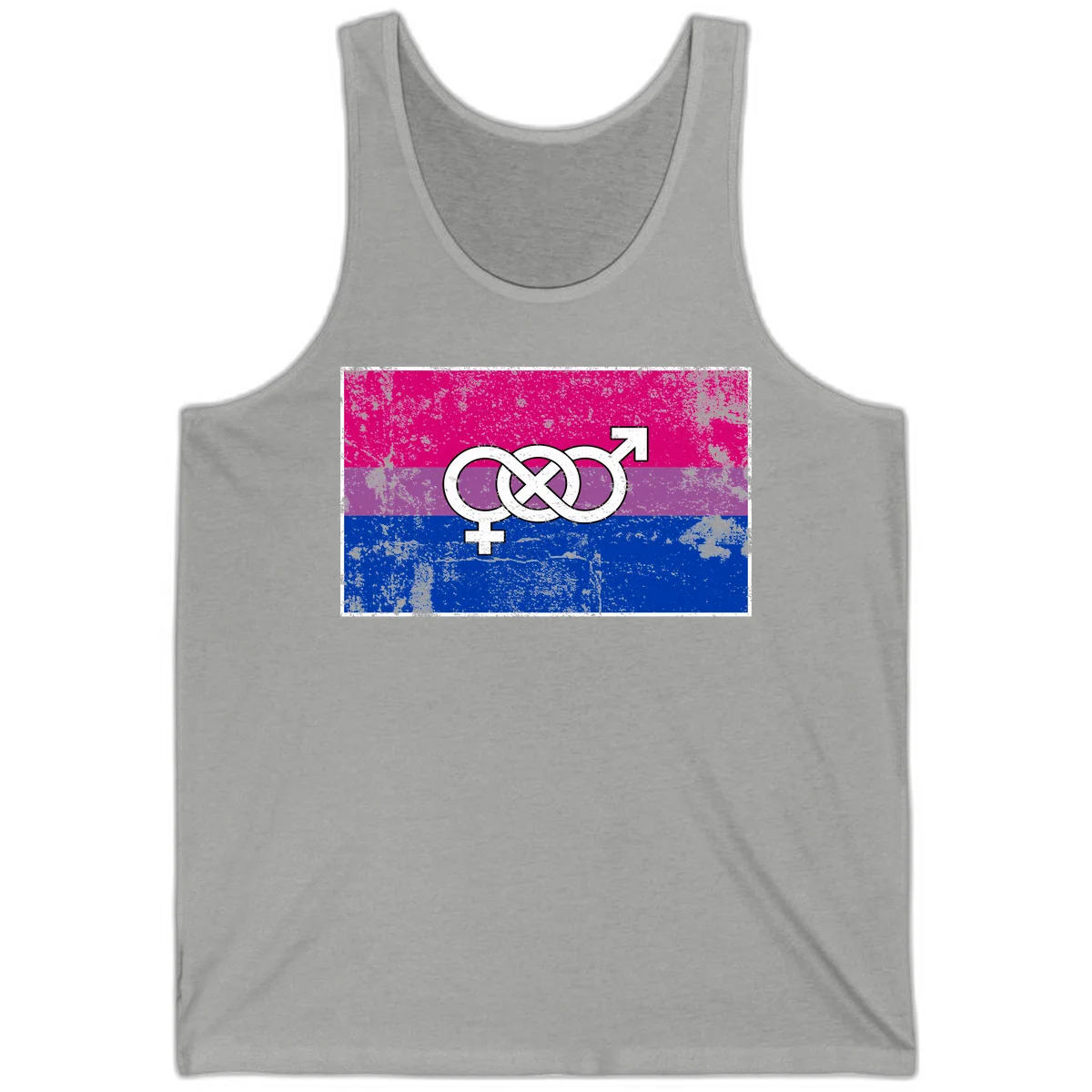 Bisexual infinity pride flag design with magenta, purple, and blue stripes, white infinity symbol, and gender symbols in distressed style in Athletic Heather