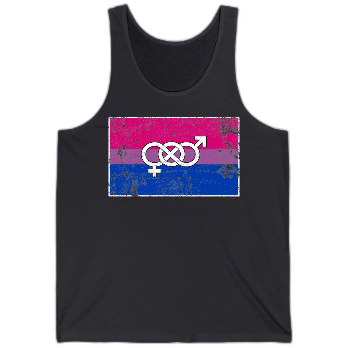 Bisexual infinity pride flag design with magenta, purple, and blue stripes, white infinity symbol, and gender symbols in distressed style in Dark Grey