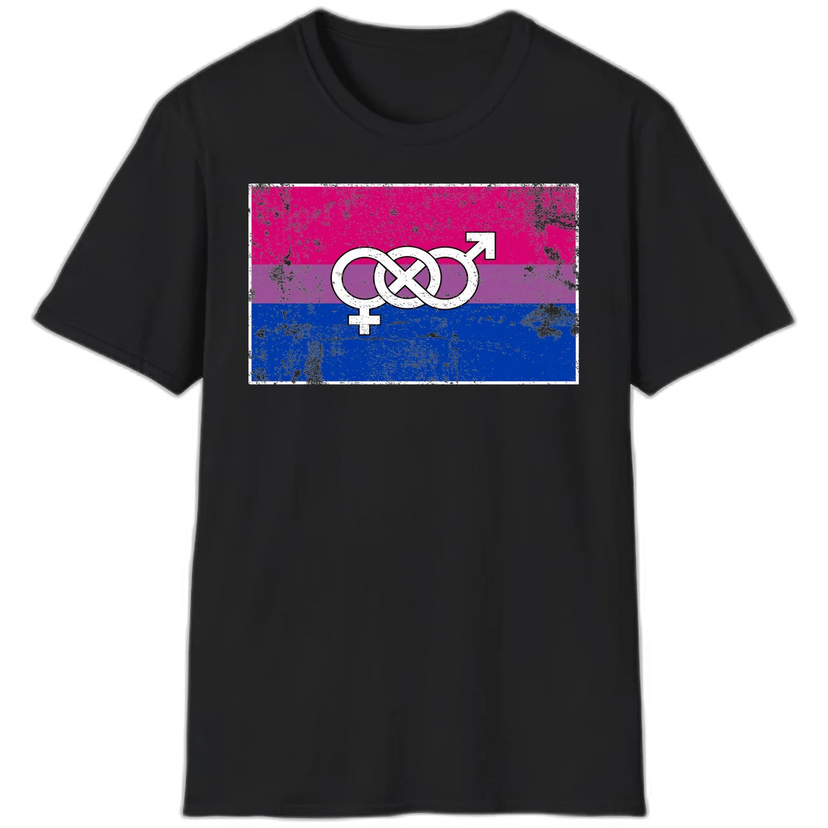 Bisexual infinity pride flag design with magenta, purple, and blue stripes, white infinity symbol, and gender symbols in distressed style in Black