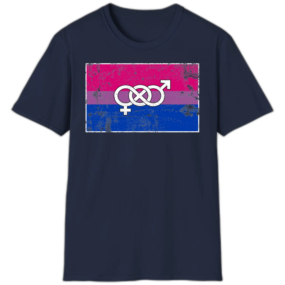 Bisexual infinity pride flag design with magenta, purple, and blue stripes, white infinity symbol, and gender symbols in distressed style in Navy