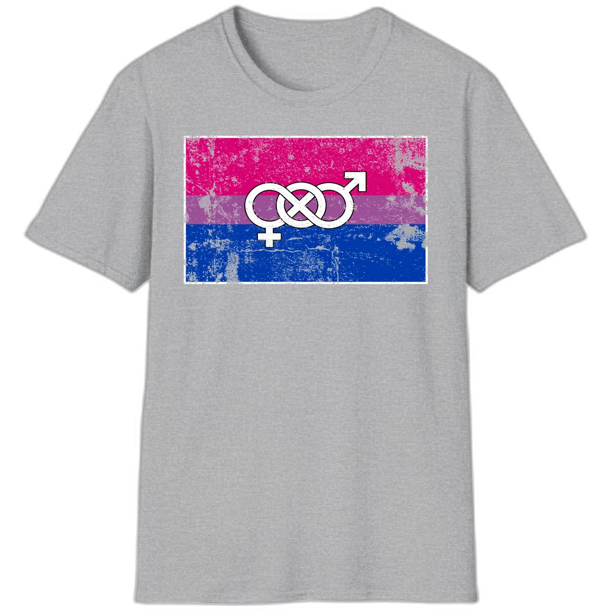 Bisexual infinity pride flag design with magenta, purple, and blue stripes, white infinity symbol, and gender symbols in distressed style in Sport Grey