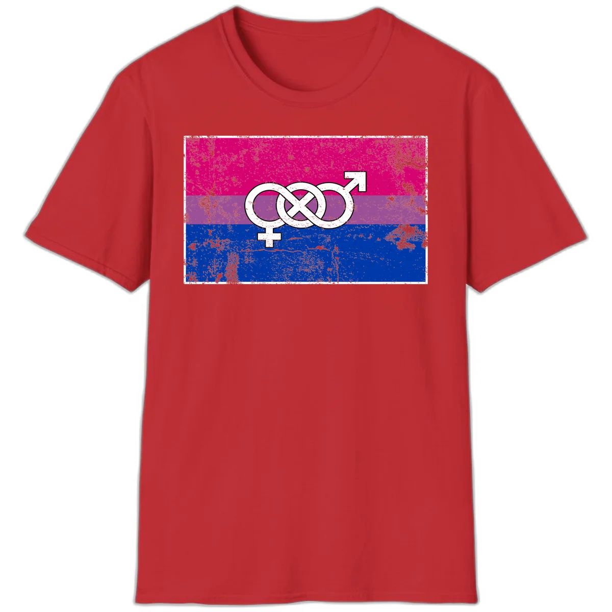 Bisexual infinity pride flag design with magenta, purple, and blue stripes, white infinity symbol, and gender symbols in distressed style in Red