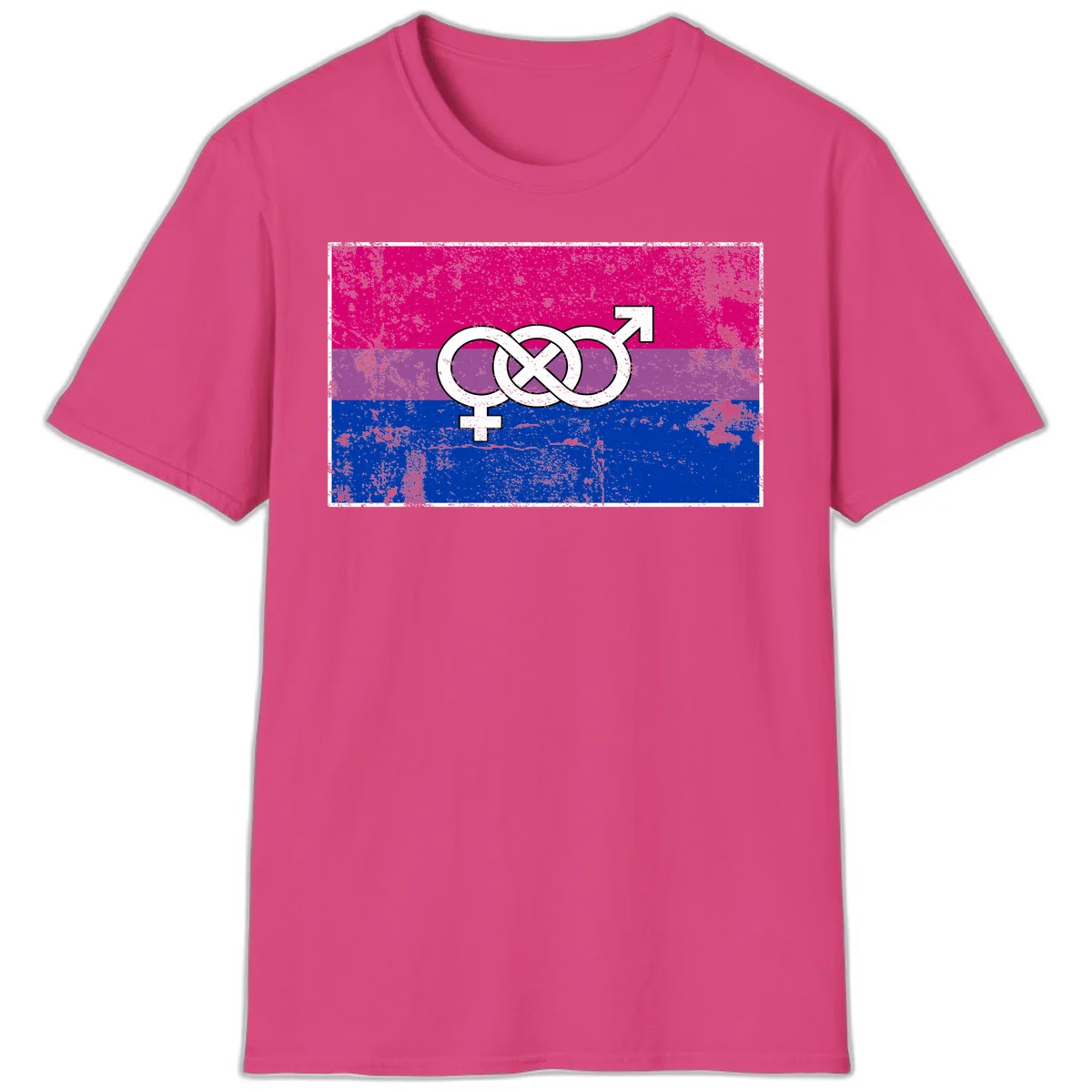 Bisexual infinity pride flag design with magenta, purple, and blue stripes, white infinity symbol, and gender symbols in distressed style in Heliconia