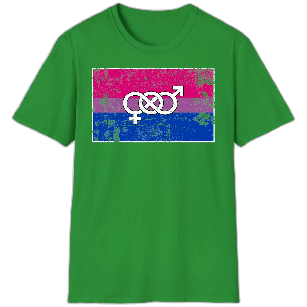 Bisexual infinity pride flag design with magenta, purple, and blue stripes, white infinity symbol, and gender symbols in distressed style in Irish Green