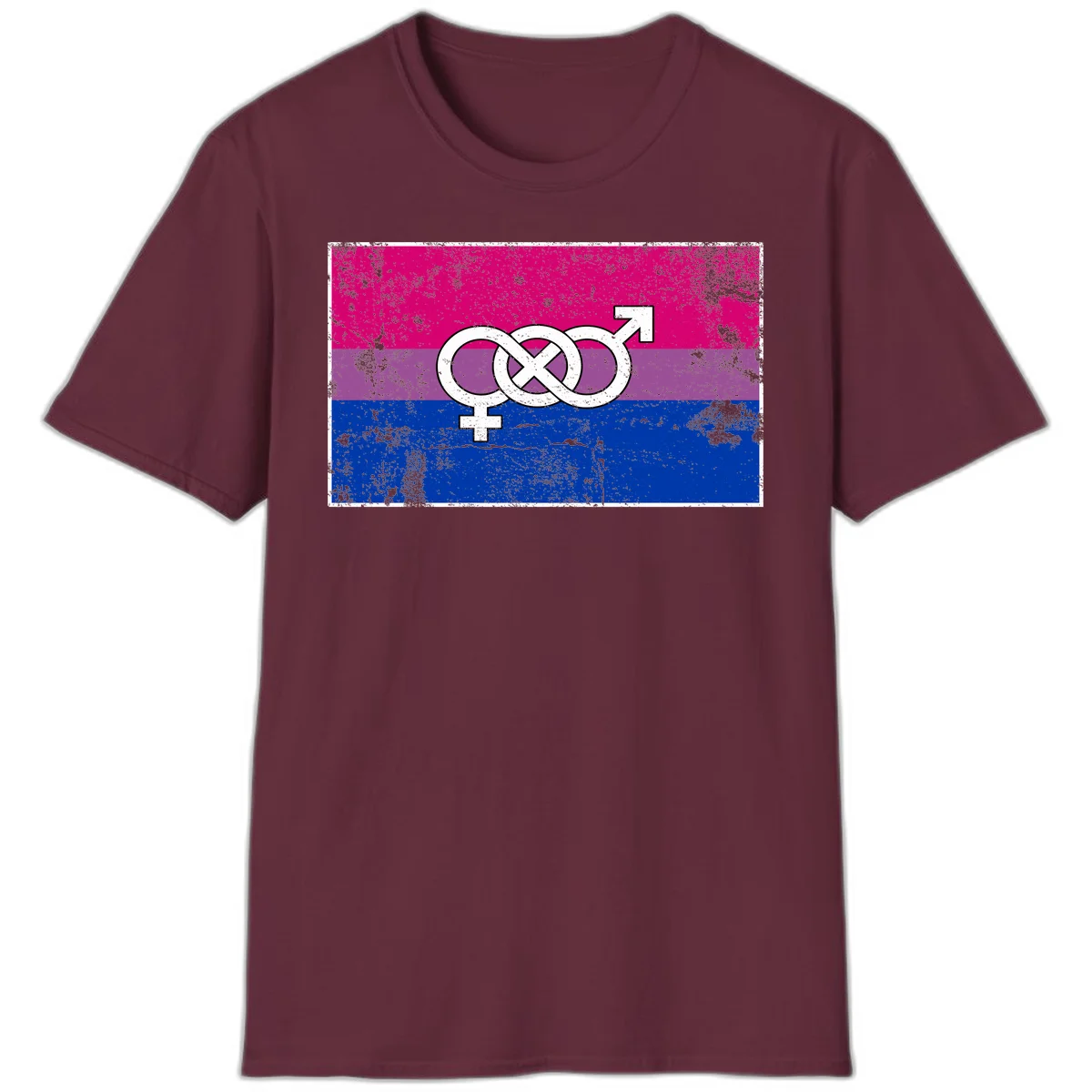 Bisexual infinity pride flag design with magenta, purple, and blue stripes, white infinity symbol, and gender symbols in distressed style in Maroon