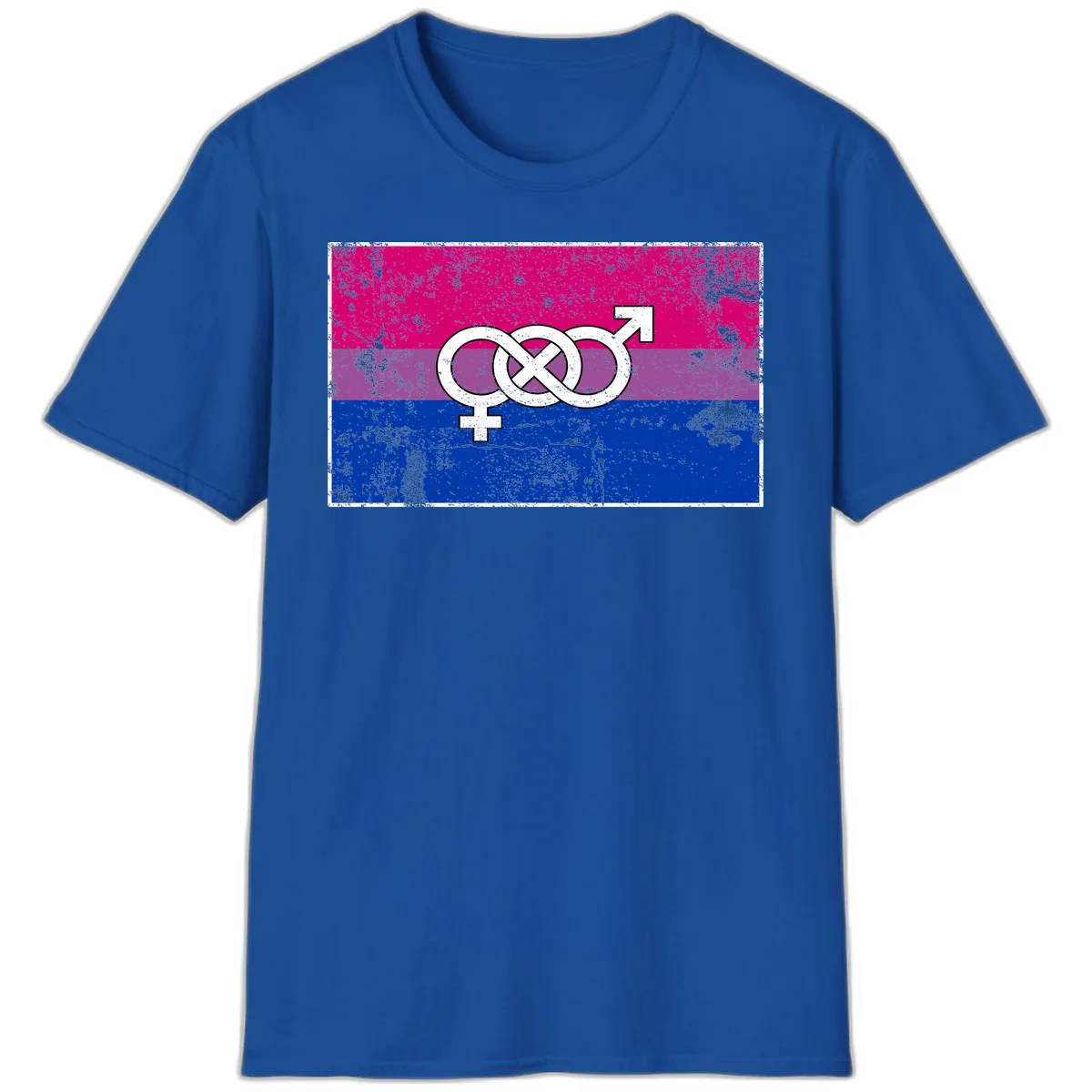 Bisexual infinity pride flag design with magenta, purple, and blue stripes, white infinity symbol, and gender symbols in distressed style in Royal