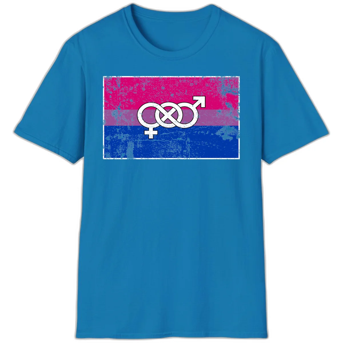 Bisexual infinity pride flag design with magenta, purple, and blue stripes, white infinity symbol, and gender symbols in distressed style in Sapphire
