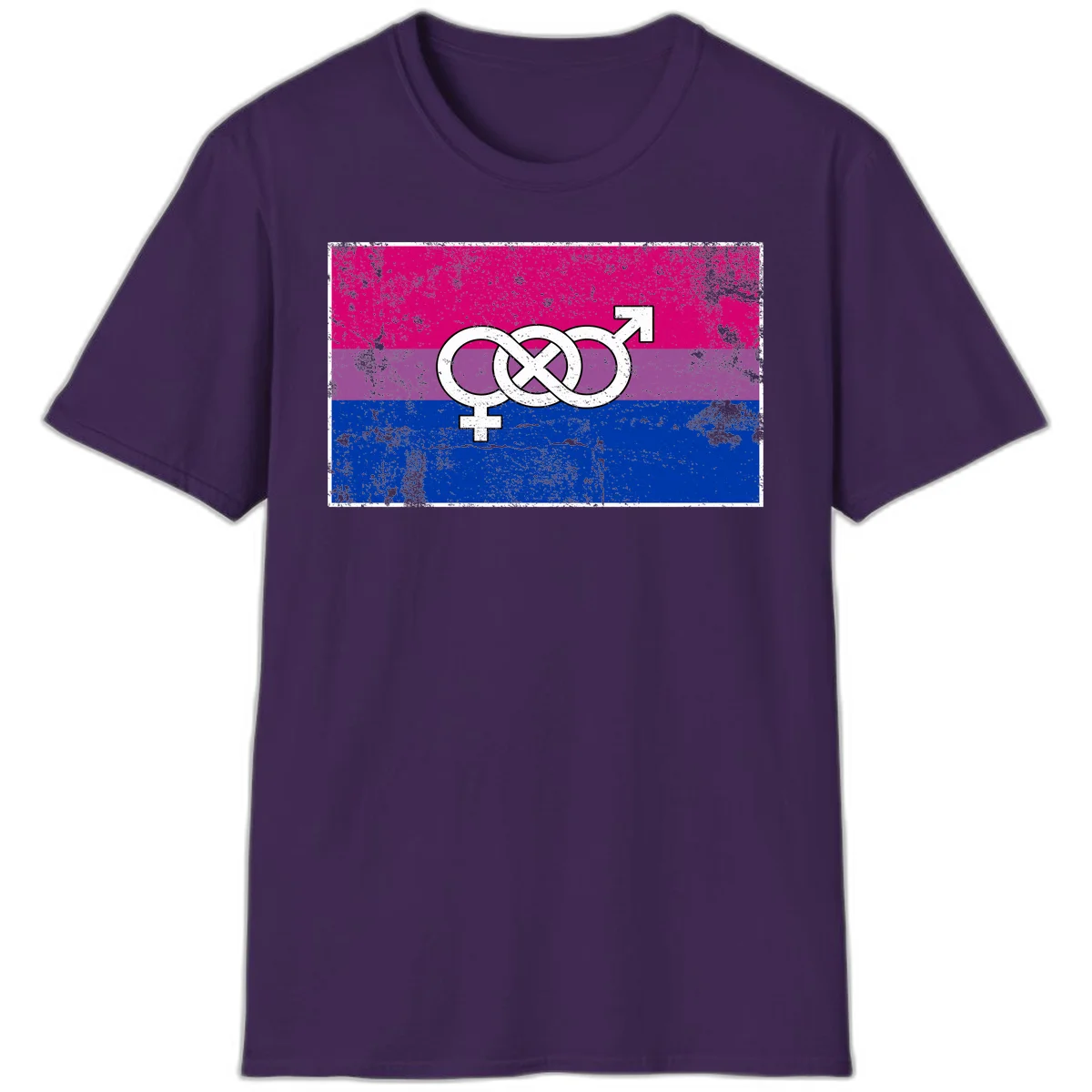 Bisexual infinity pride flag design with magenta, purple, and blue stripes, white infinity symbol, and gender symbols in distressed style in Purple