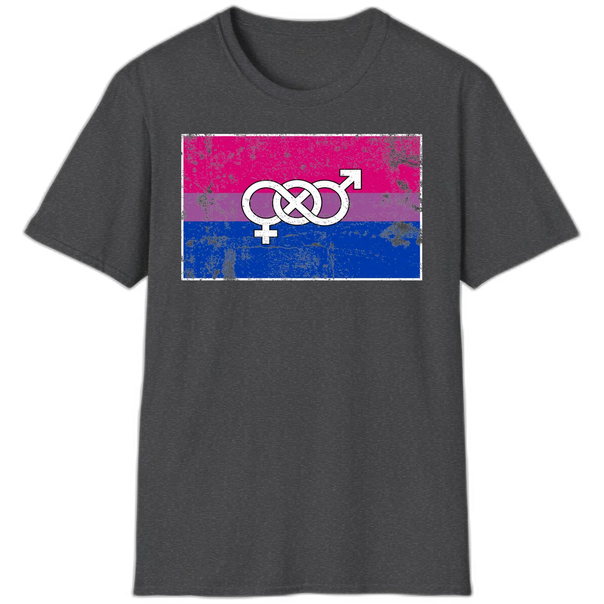 Bisexual infinity pride flag design with magenta, purple, and blue stripes, white infinity symbol, and gender symbols in distressed style in Dark Heather