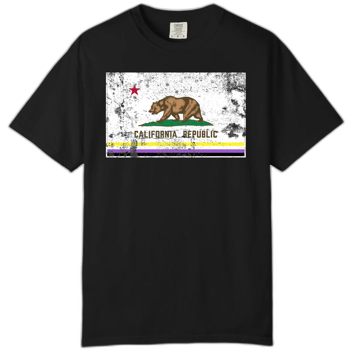 Vintage distressed California Republic bear design with red star, standing on green grass, with yellow, purple, and black pride flag stripes below in Black