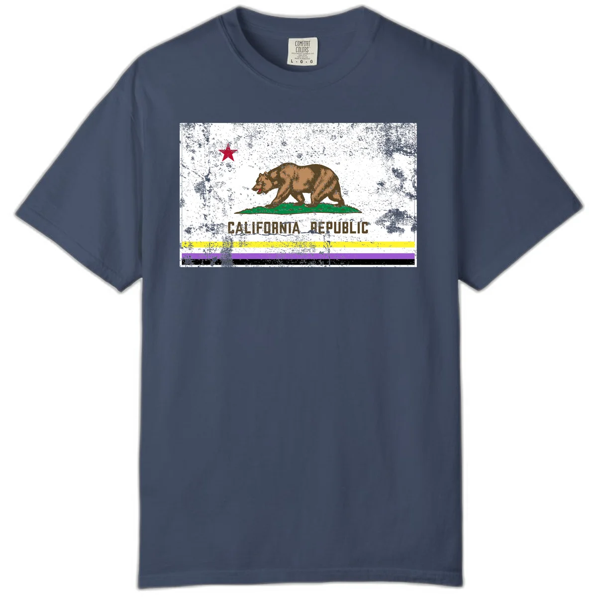 Vintage distressed California Republic bear design with red star, standing on green grass, with yellow, purple, and black pride flag stripes below in Midnight