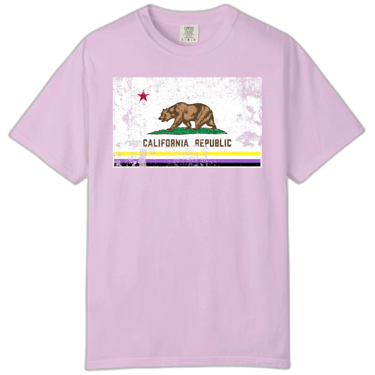Vintage distressed California Republic bear design with red star, standing on green grass, with yellow, purple, and black pride flag stripes below in Orchid