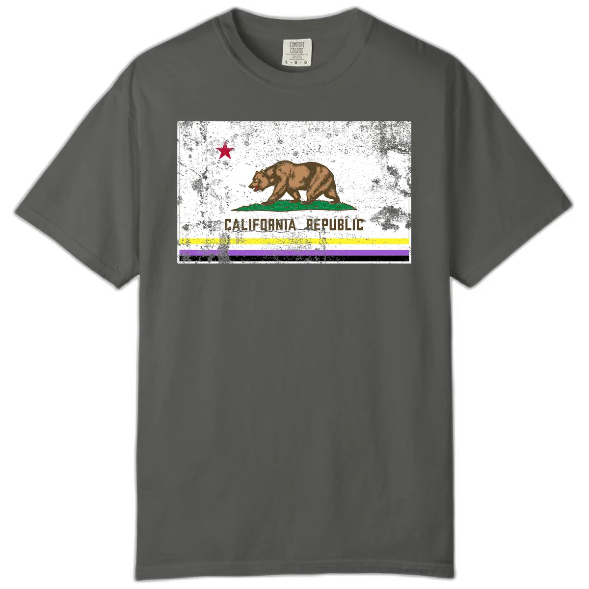 Vintage distressed California Republic bear design with red star, standing on green grass, with yellow, purple, and black pride flag stripes below in Pepper