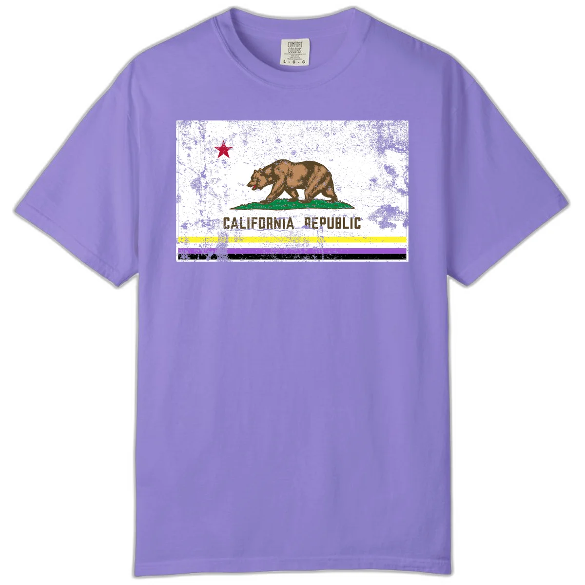 Vintage distressed California Republic bear design with red star, standing on green grass, with yellow, purple, and black pride flag stripes below in Violet
