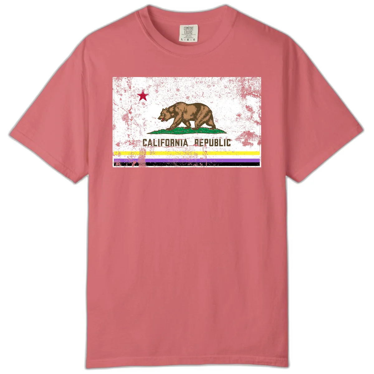 Vintage distressed California Republic bear design with red star, standing on green grass, with yellow, purple, and black pride flag stripes below in Watermelon