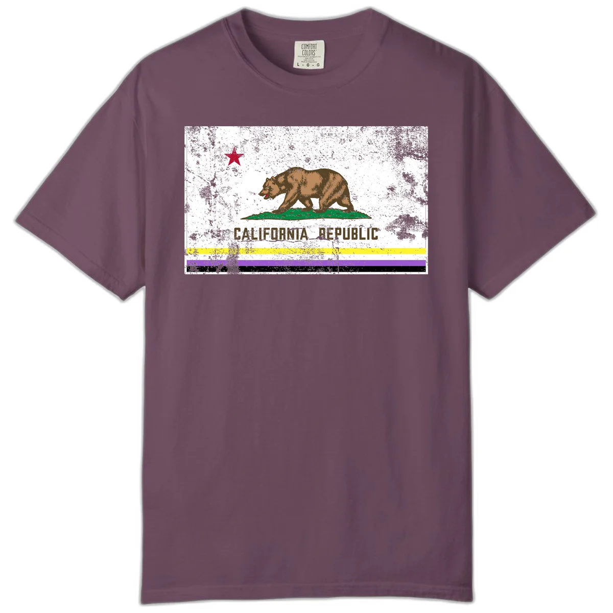 Vintage distressed California Republic bear design with red star, standing on green grass, with yellow, purple, and black pride flag stripes below in Berry