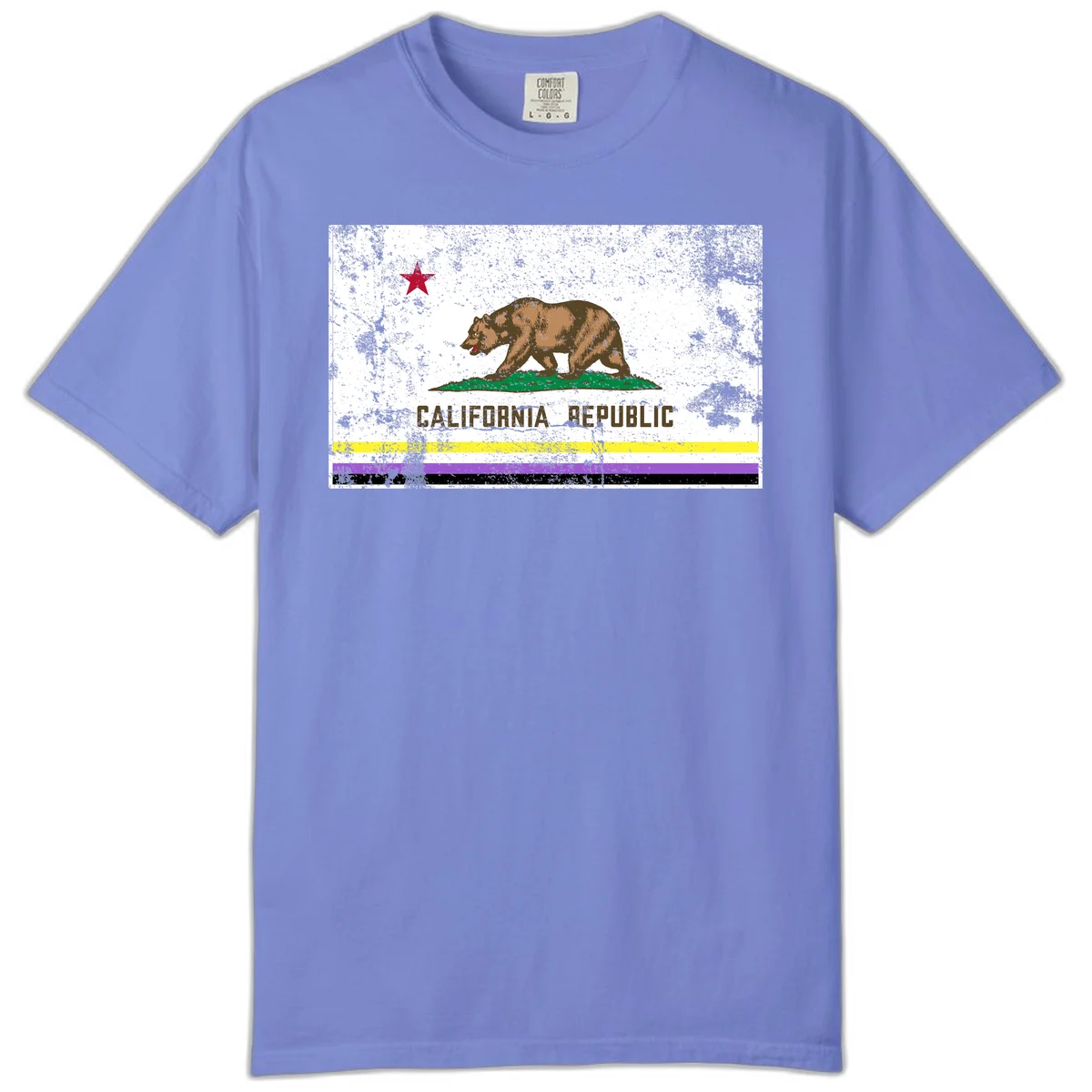 Vintage distressed California Republic bear design with red star, standing on green grass, with yellow, purple, and black pride flag stripes below in Flo Blue