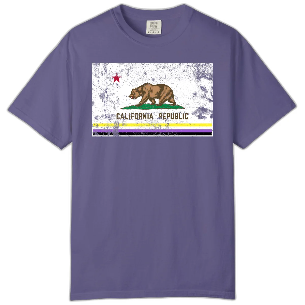 Vintage distressed California Republic bear design with red star, standing on green grass, with yellow, purple, and black pride flag stripes below in Grape