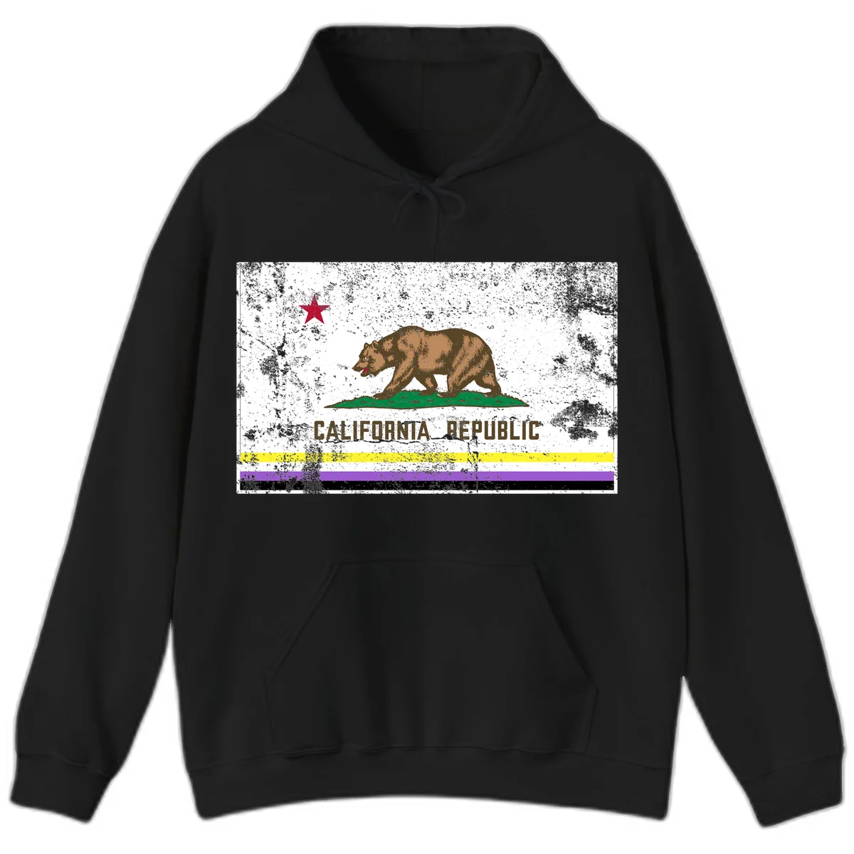 Vintage distressed California Republic bear design with red star, standing on green grass, with yellow, purple, and black pride flag stripes below in Black