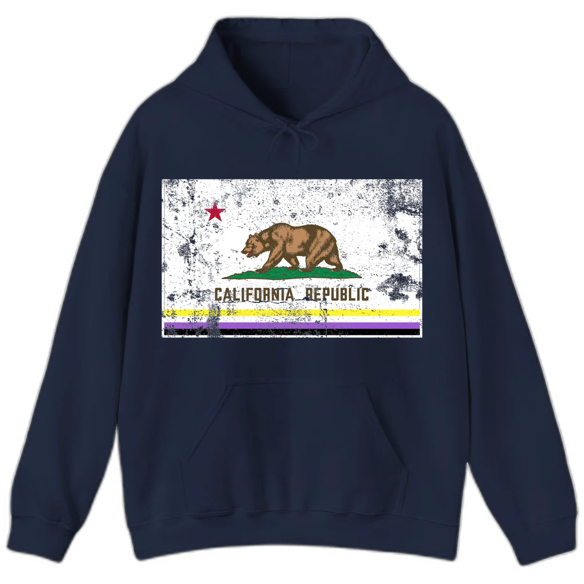 Vintage distressed California Republic bear design with red star, standing on green grass, with yellow, purple, and black pride flag stripes below in Navy