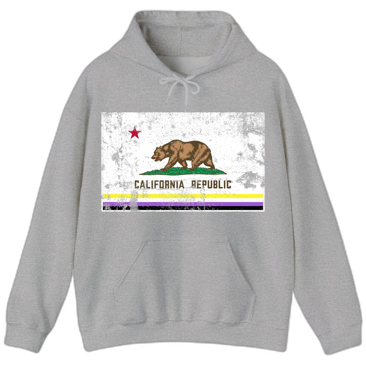 Vintage distressed California Republic bear design with red star, standing on green grass, with yellow, purple, and black pride flag stripes below in Sport Grey