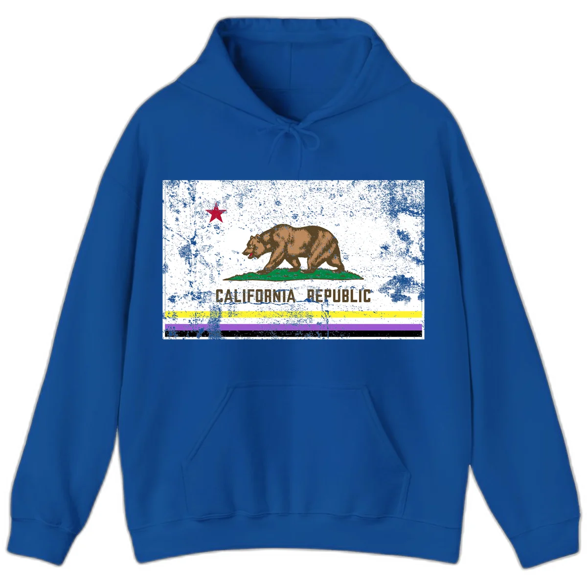 Vintage distressed California Republic bear design with red star, standing on green grass, with yellow, purple, and black pride flag stripes below in Royal