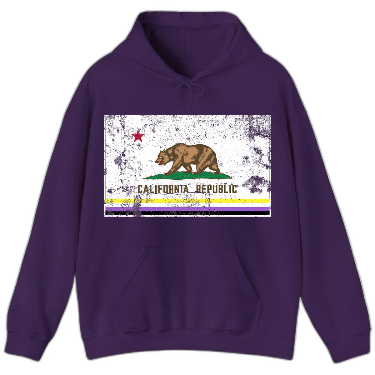 Vintage distressed California Republic bear design with red star, standing on green grass, with yellow, purple, and black pride flag stripes below in Purple