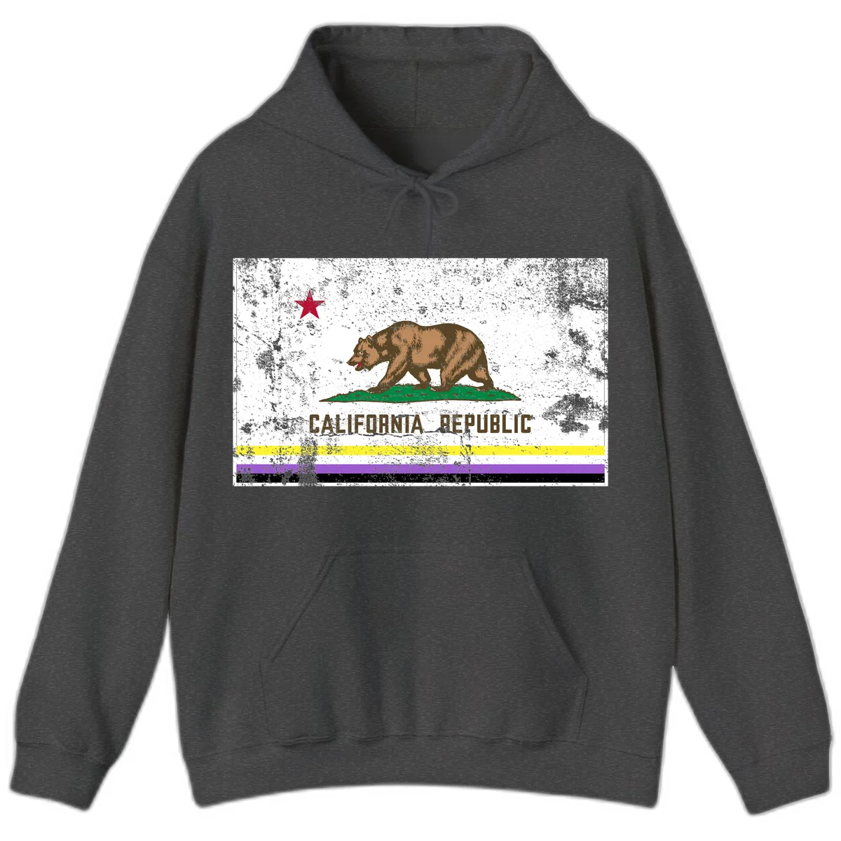 Vintage distressed California Republic bear design with red star, standing on green grass, with yellow, purple, and black pride flag stripes below in Dark Heather