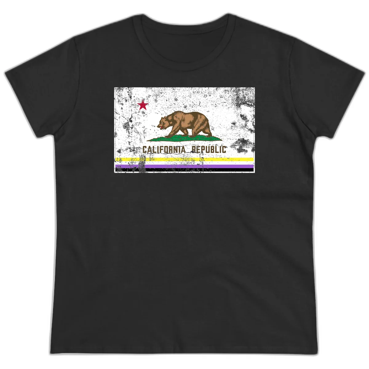 Vintage distressed California Republic bear design with red star, standing on green grass, with yellow, purple, and black pride flag stripes below in Black