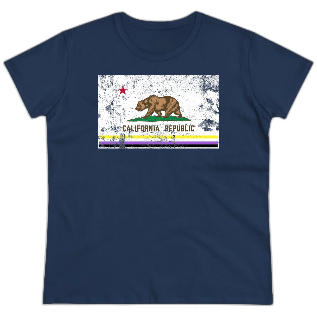 Vintage distressed California Republic bear design with red star, standing on green grass, with yellow, purple, and black pride flag stripes below in Navy