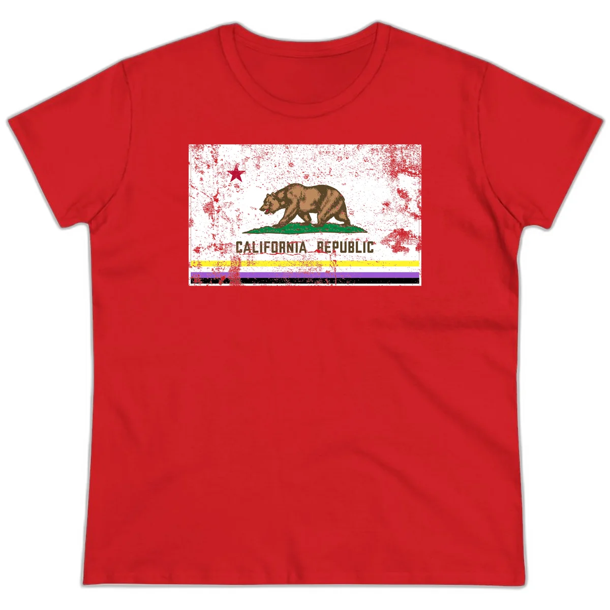 Vintage distressed California Republic bear design with red star, standing on green grass, with yellow, purple, and black pride flag stripes below in Red