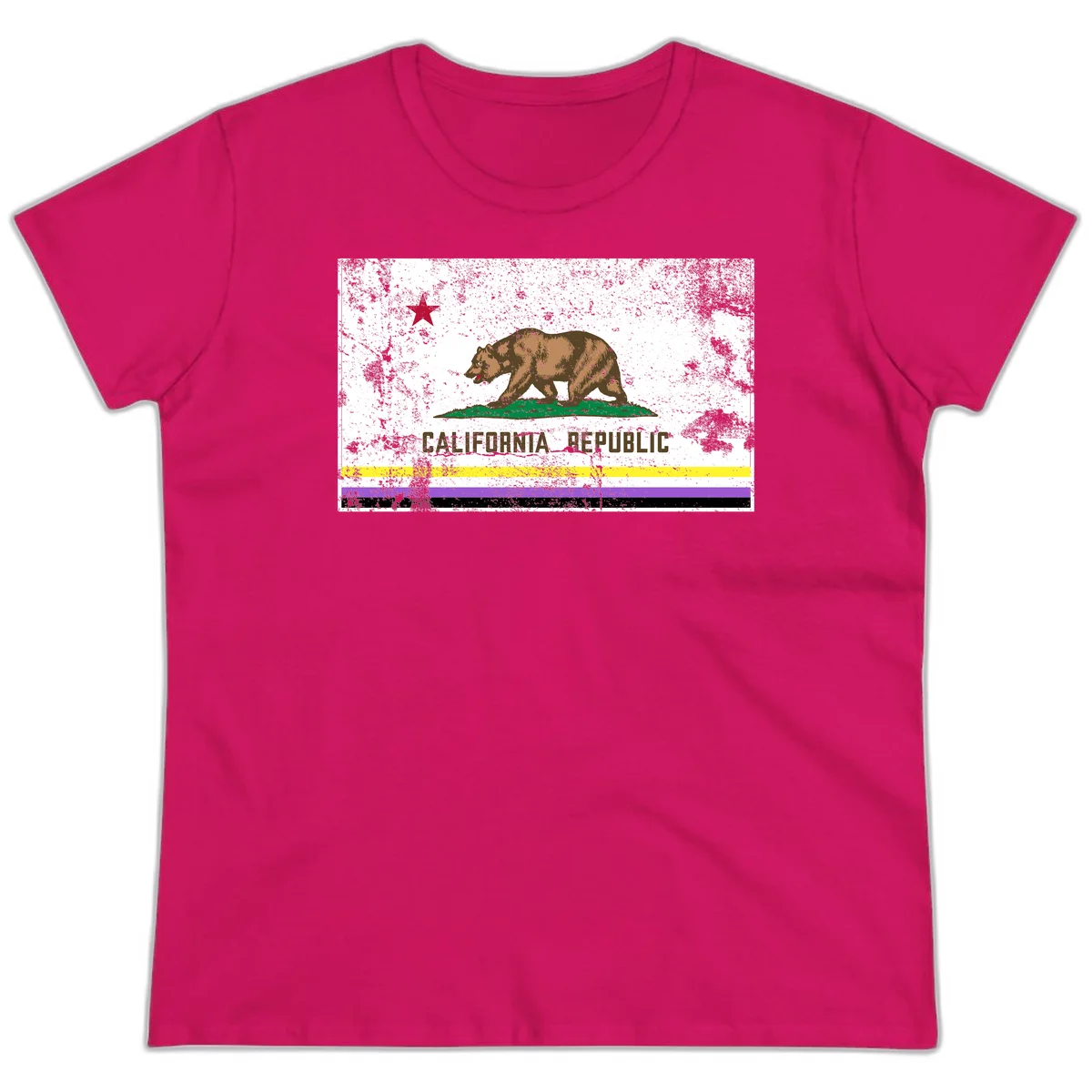 Vintage distressed California Republic bear design with red star, standing on green grass, with yellow, purple, and black pride flag stripes below in Heliconia