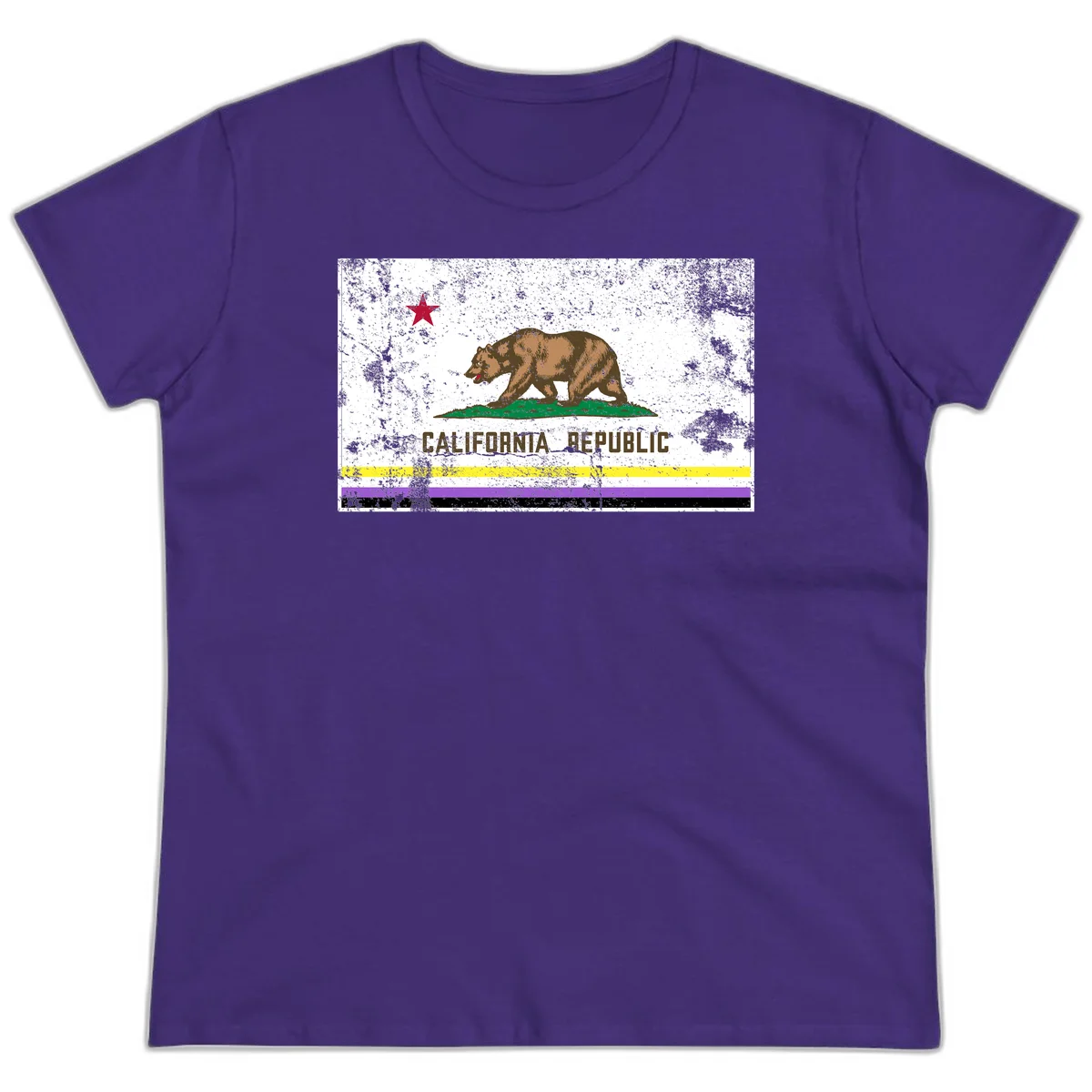 Vintage distressed California Republic bear design with red star, standing on green grass, with yellow, purple, and black pride flag stripes below in Purple