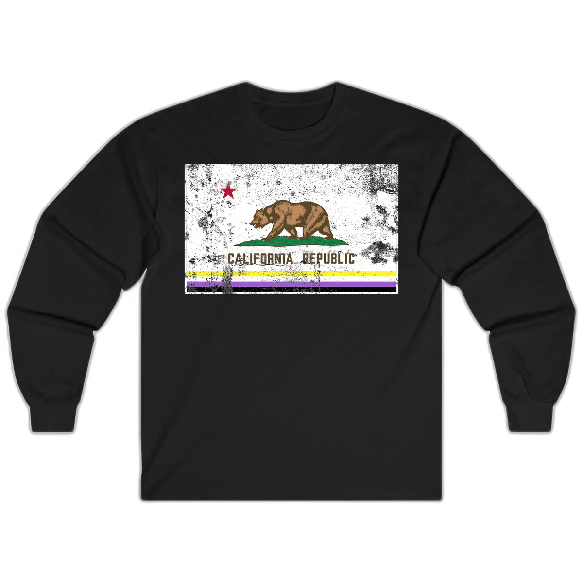 Vintage distressed California Republic bear design with red star, standing on green grass, with yellow, purple, and black pride flag stripes below in Black