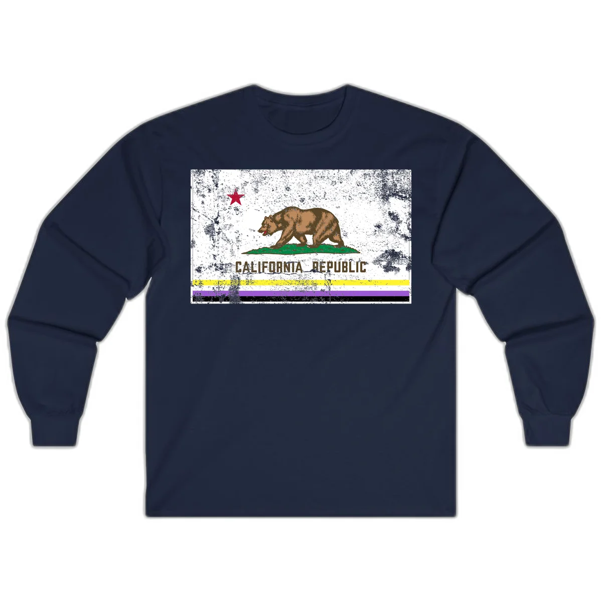 Vintage distressed California Republic bear design with red star, standing on green grass, with yellow, purple, and black pride flag stripes below in Navy