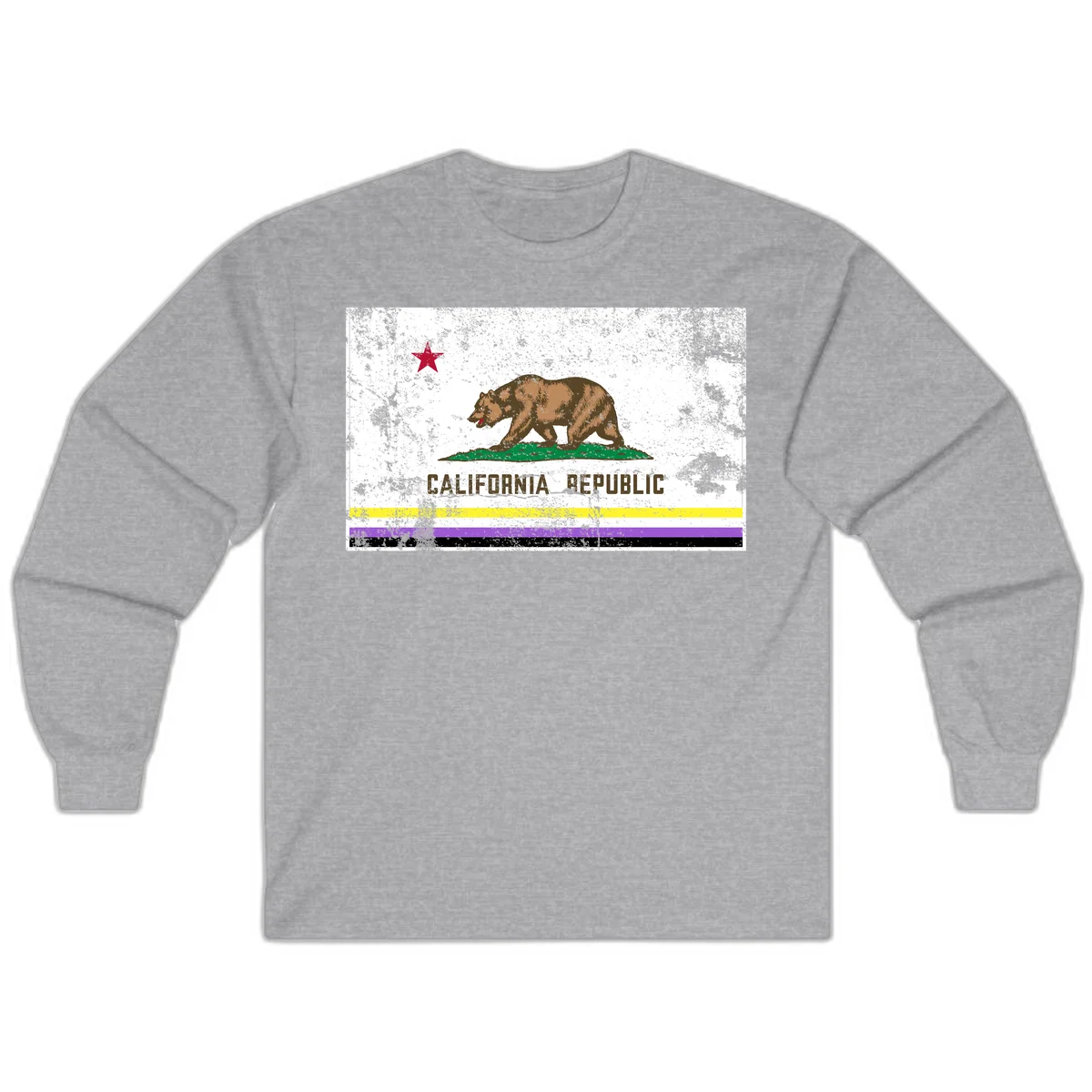 Vintage distressed California Republic bear design with red star, standing on green grass, with yellow, purple, and black pride flag stripes below in Sport Grey