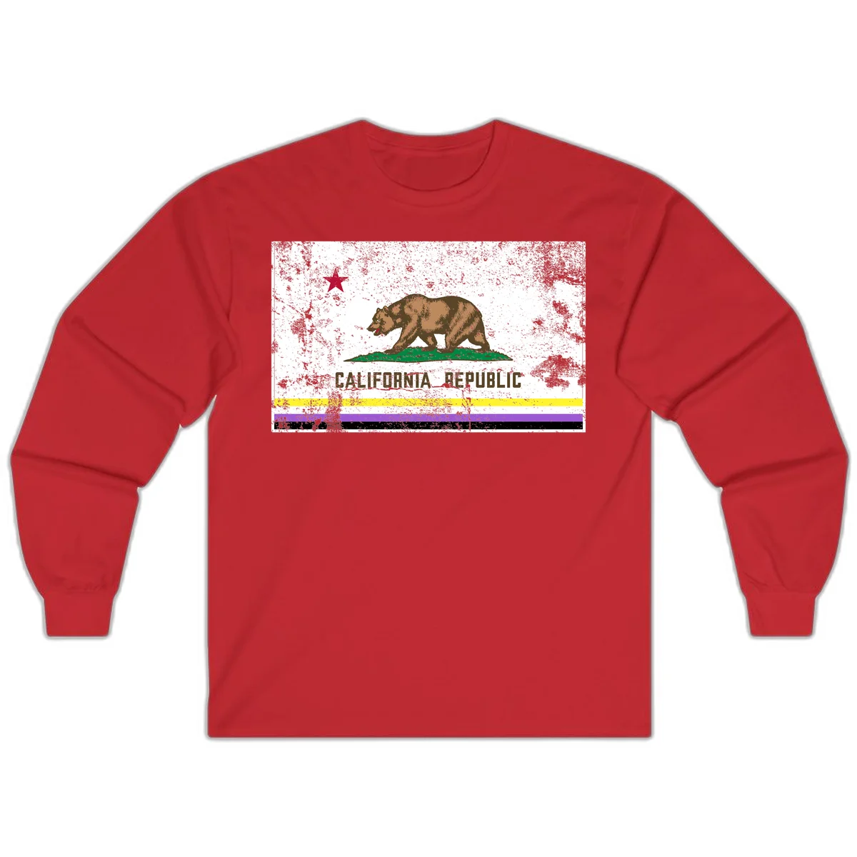 Vintage distressed California Republic bear design with red star, standing on green grass, with yellow, purple, and black pride flag stripes below in Red