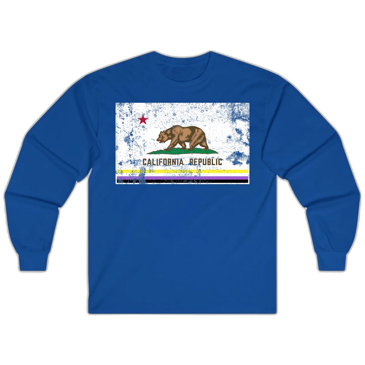 Vintage distressed California Republic bear design with red star, standing on green grass, with yellow, purple, and black pride flag stripes below in Royal