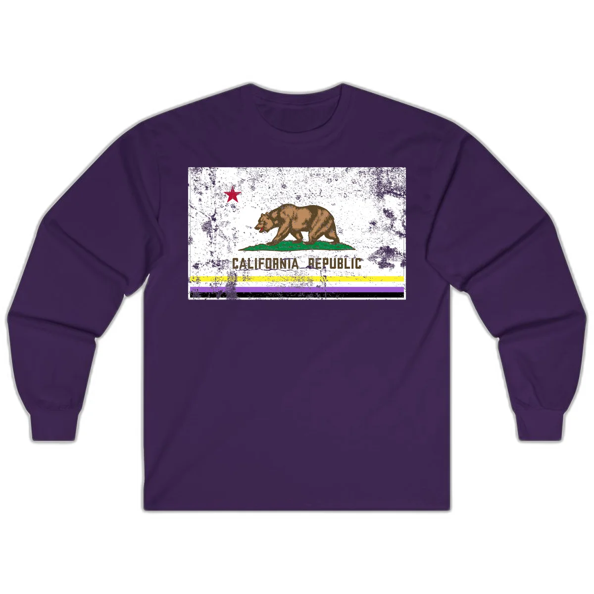 Vintage distressed California Republic bear design with red star, standing on green grass, with yellow, purple, and black pride flag stripes below in Purple