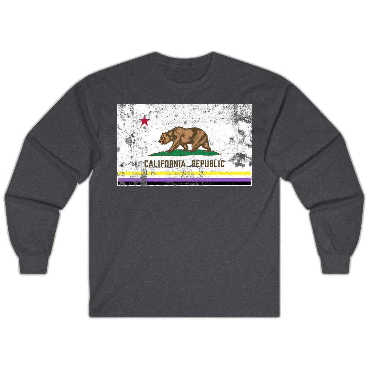 Vintage distressed California Republic bear design with red star, standing on green grass, with yellow, purple, and black pride flag stripes below in Dark Heather