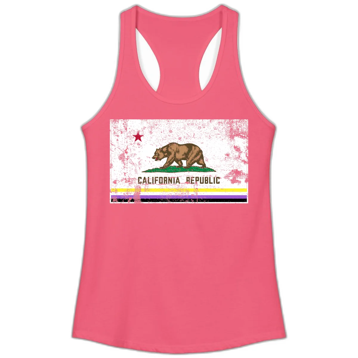 Vintage distressed California Republic bear design with red star, standing on green grass, with yellow, purple, and black pride flag stripes below in Hot Pink