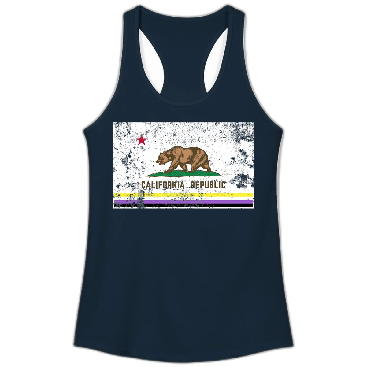 Vintage distressed California Republic bear design with red star, standing on green grass, with yellow, purple, and black pride flag stripes below in Solid Midnight Navy