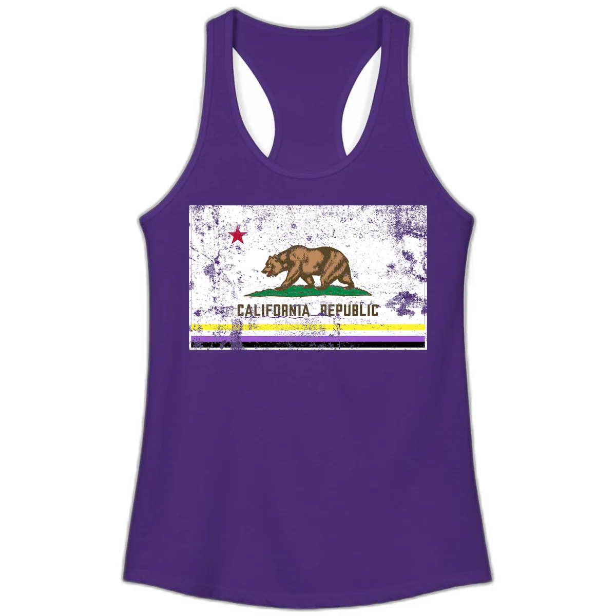 Vintage distressed California Republic bear design with red star, standing on green grass, with yellow, purple, and black pride flag stripes below in Solid Purple Rush